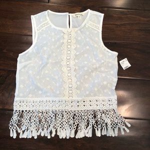 White crop top with white lace fringe